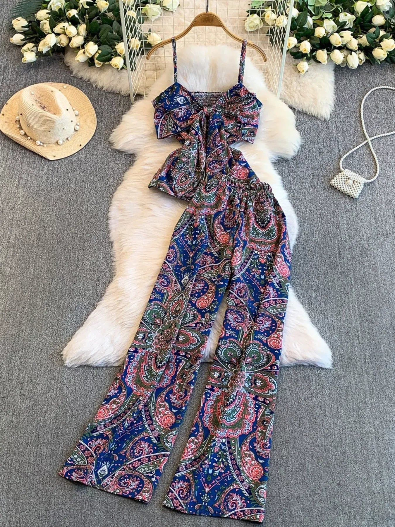 Printed Cami and Wide Leg Pants Set