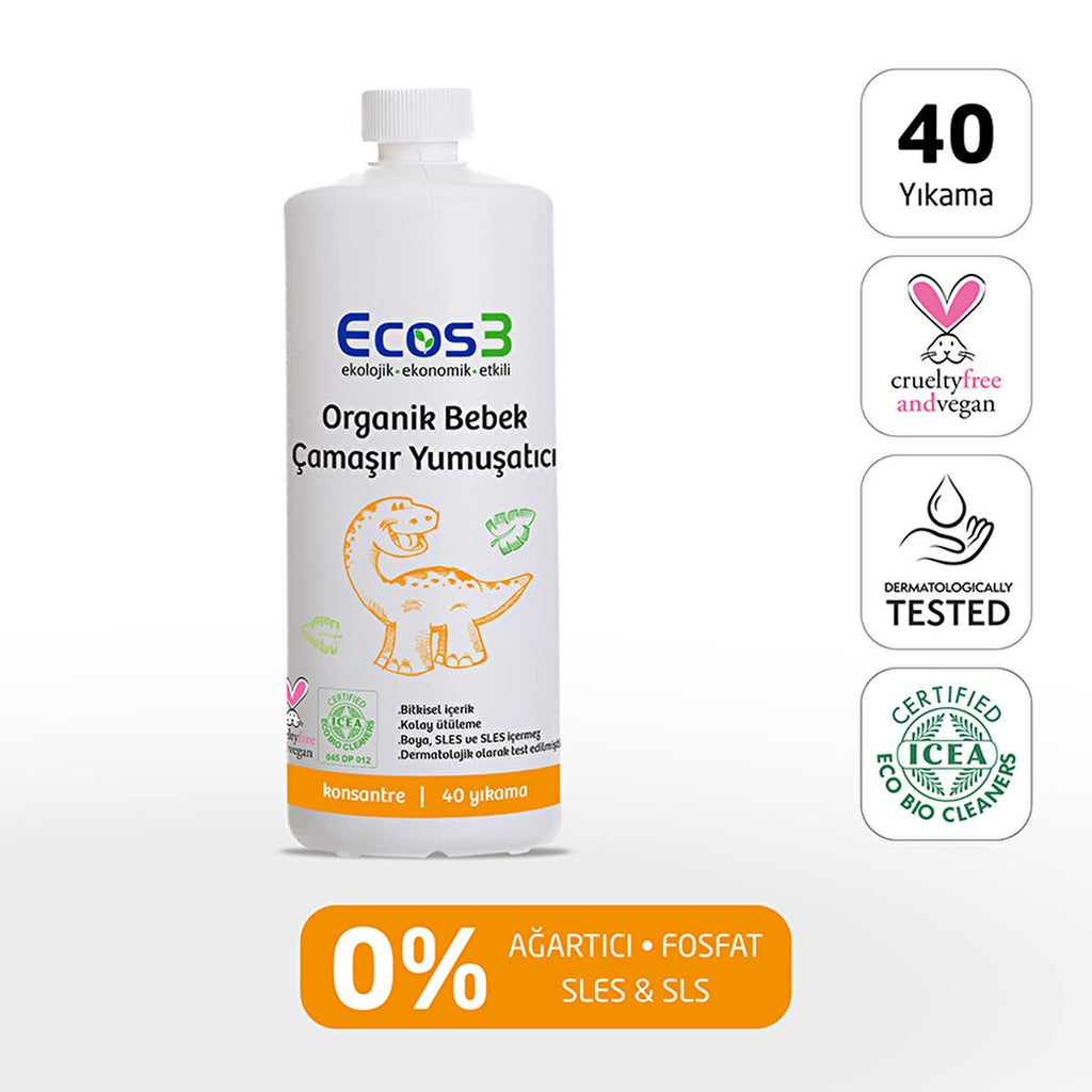 Ecos3 Organic Baby Fabric Softener - Eco-Friendly, Vegan Certified, Concentrated Formula for 40 Washes