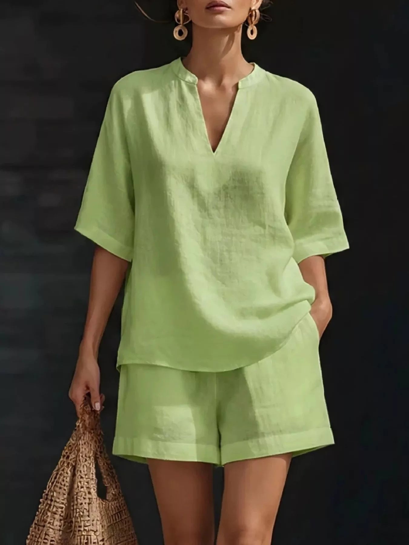 Full Size Notched Half Sleeve Top and Shorts Set Plus Size