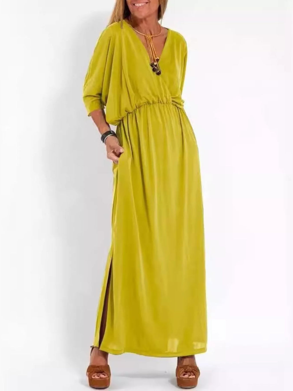 Full Size V-Neck Batwing Sleeve Maxi Dress with Side Slits Plus Size