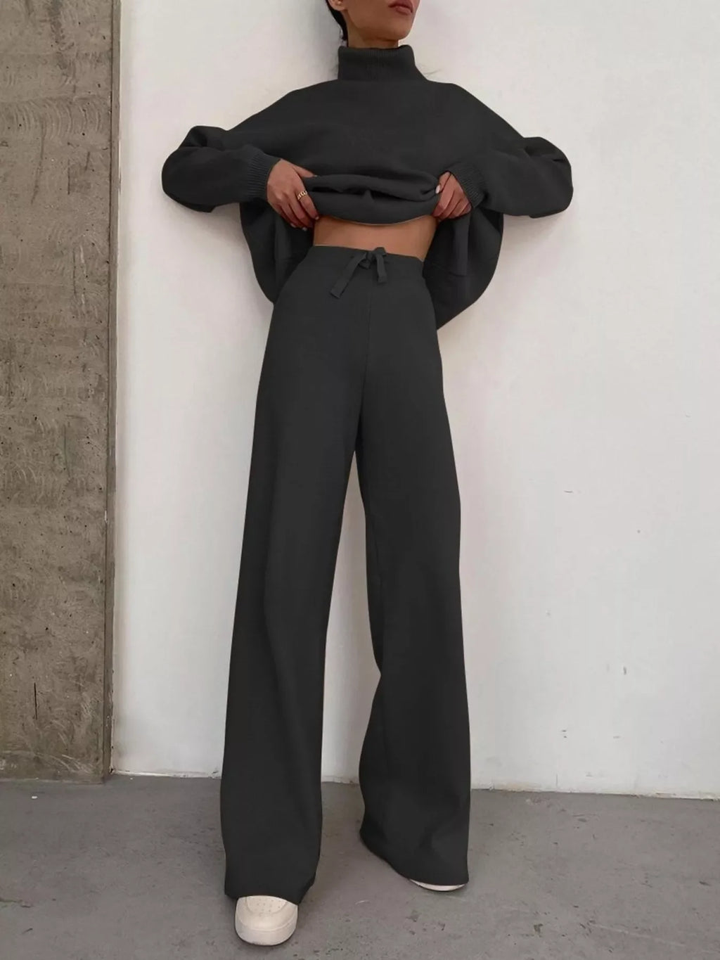 Full Size Turtleneck Long Sleeve Top and Pants Sweater Set Plus Size