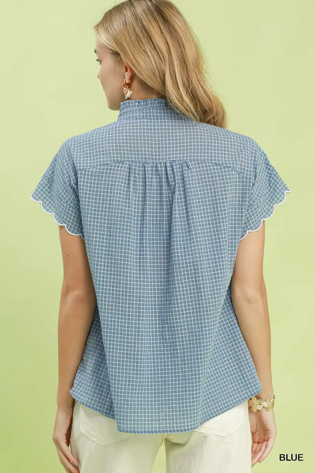 Umgee Embroidered Print Scallop Sleeve Button Front Blouse