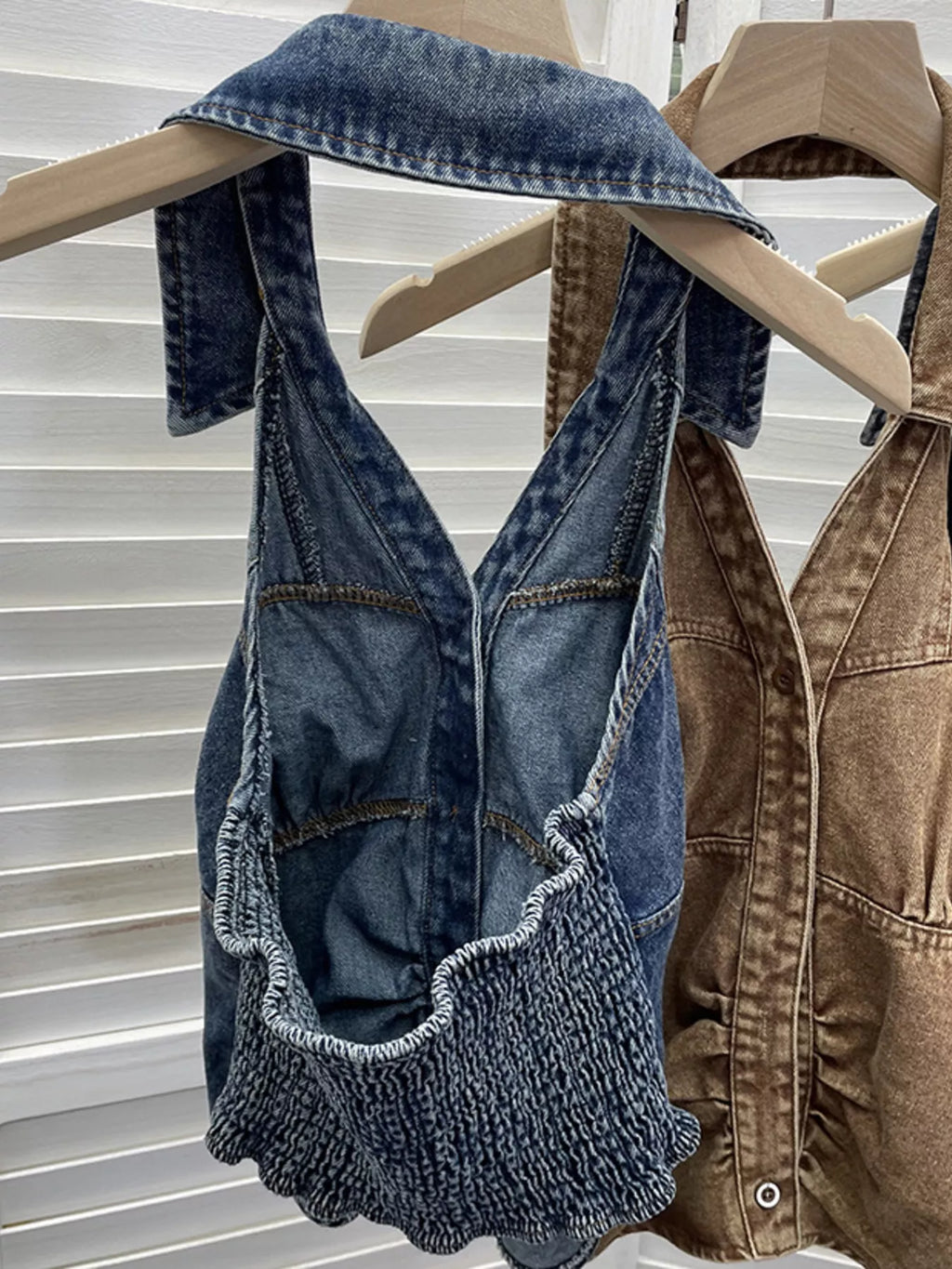 Smocked Denim Halter Collar Top