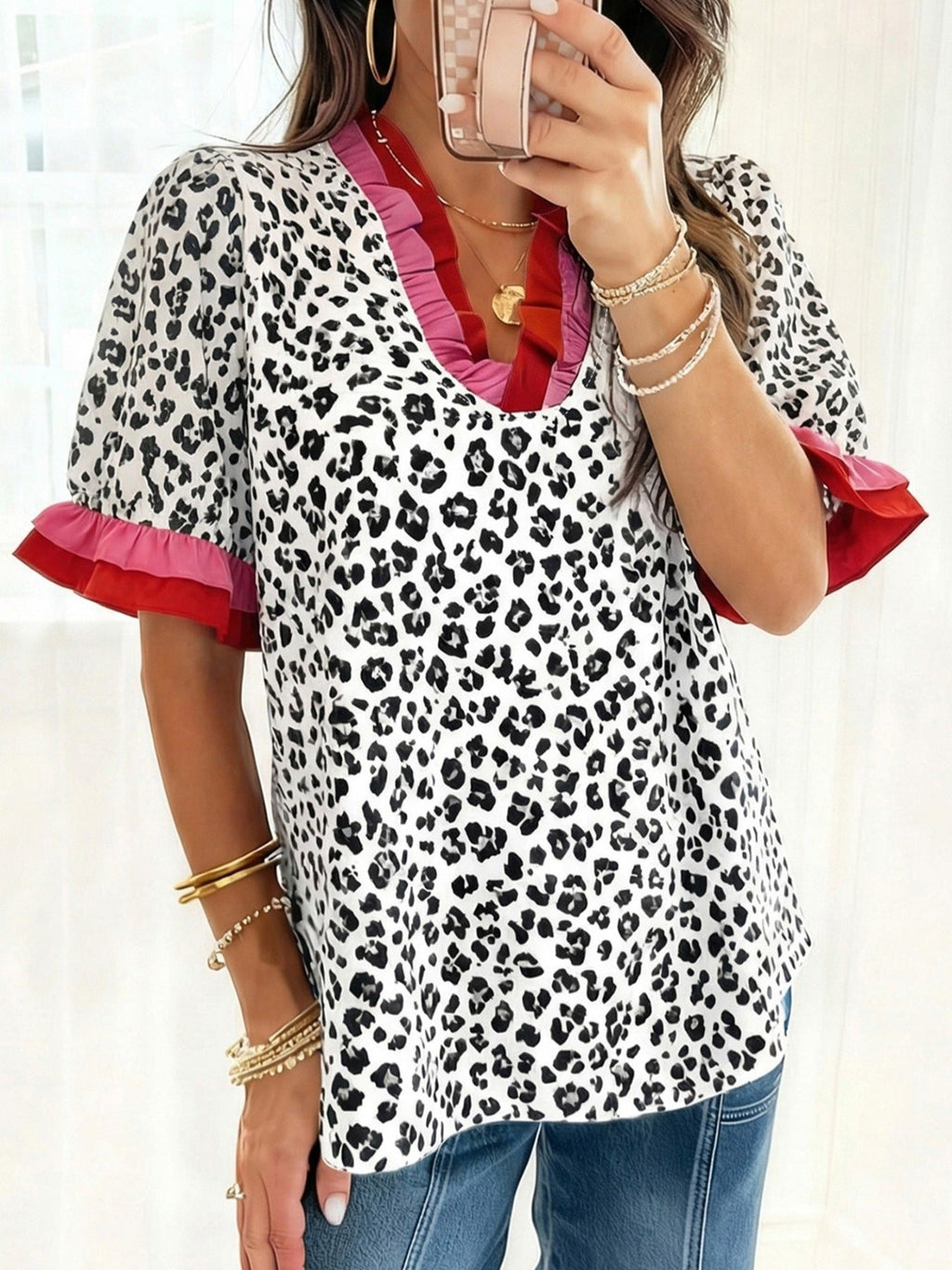 Leopard Print Frill Short Sleeve Blouse
