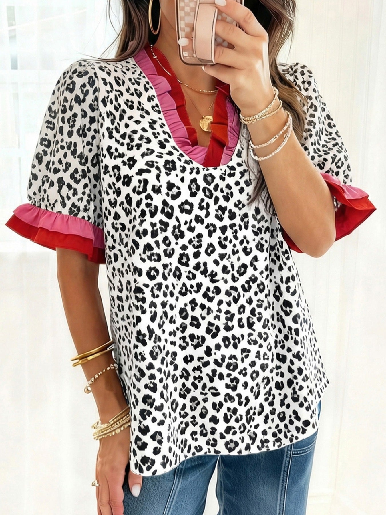 Leopard Print Frill Short Sleeve Blouse