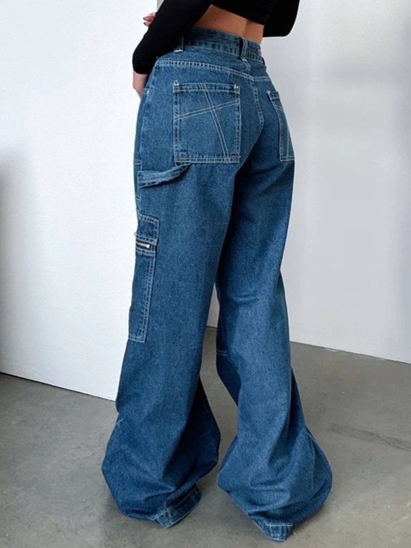 Zipper Pocket Wide Leg Cargo Jeans