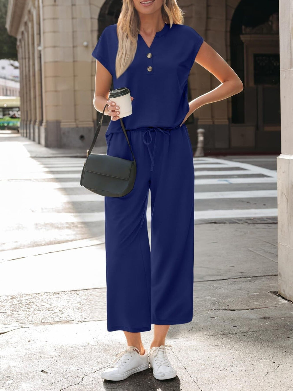 Notched Short Sleeve Top and Pants Set