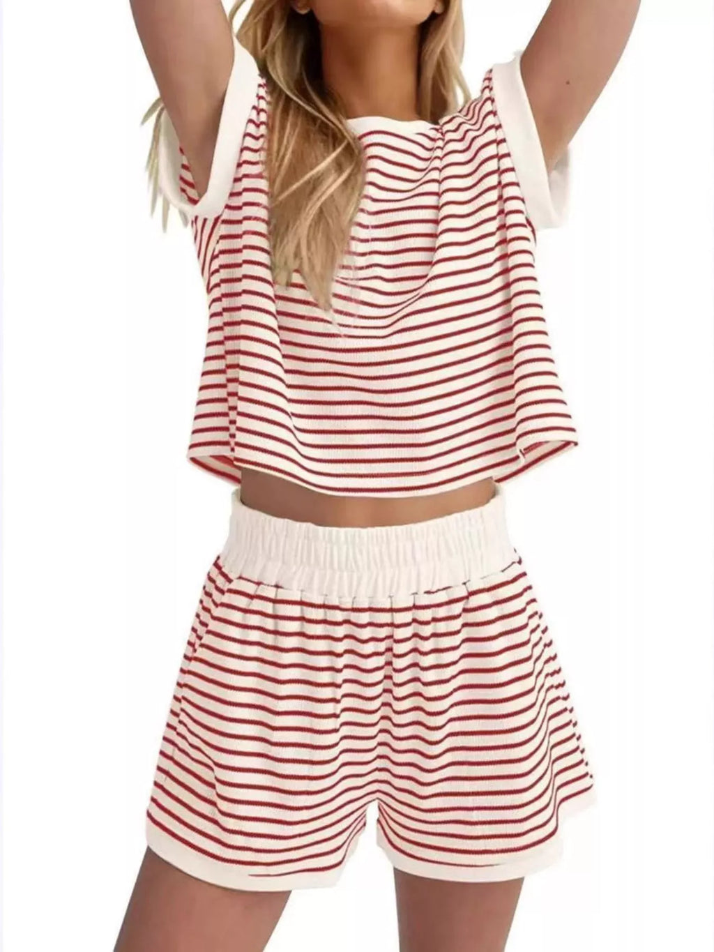 Full Size Striped Round Neck Top and Shorts Set Plus Size
