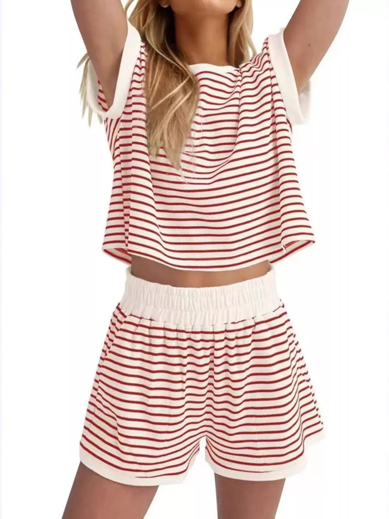 Full Size Striped Round Neck Top and Shorts Set Plus Size