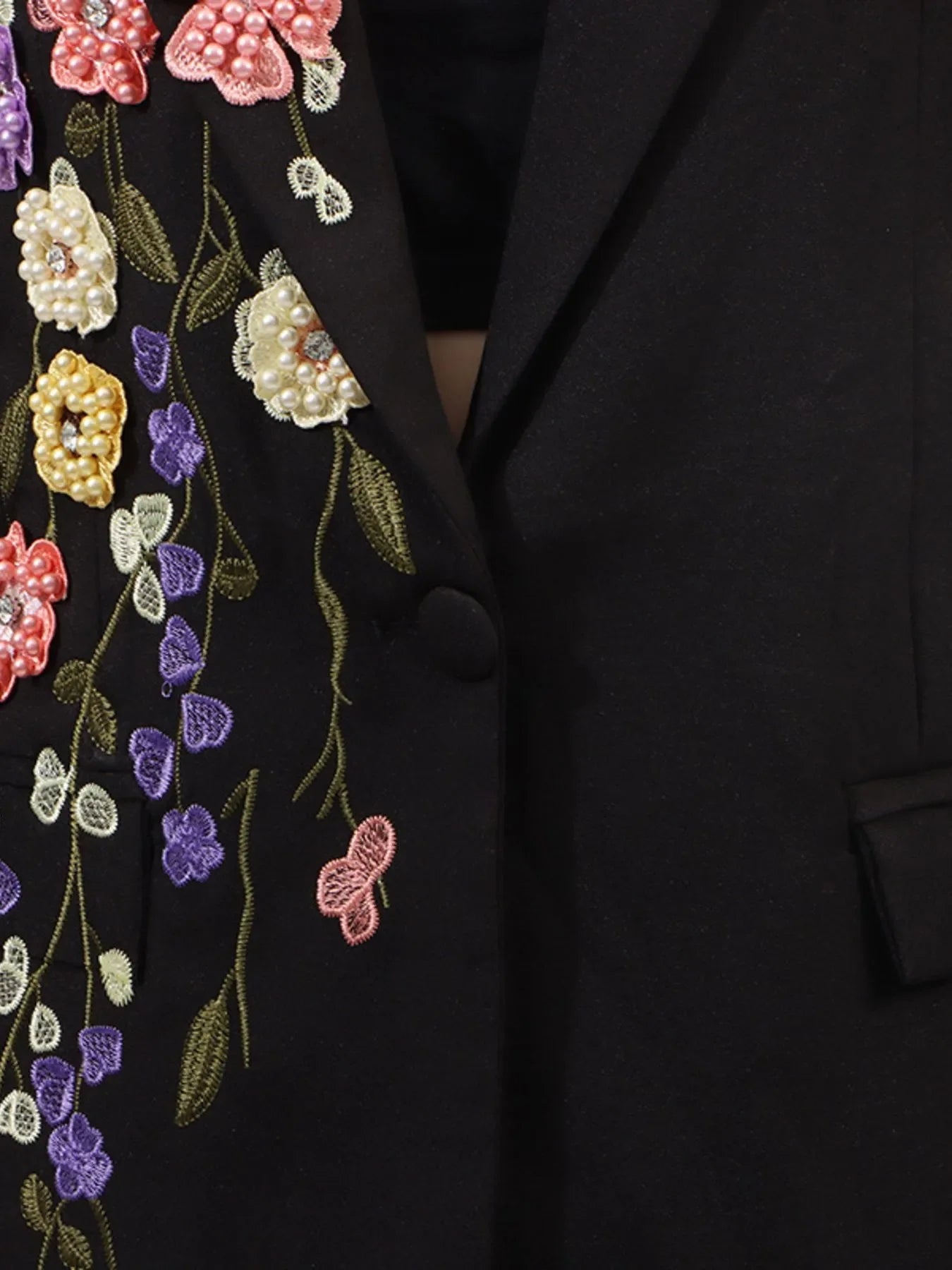 Pearl Detail Flower Lapel Collar Blazer