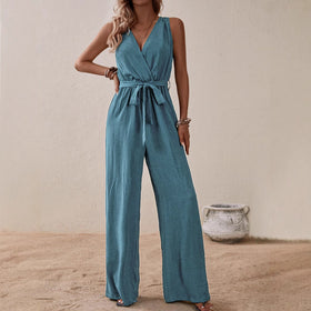 Women's Strap High-Waist Sleeveless Jumpsuit – Ice Silk Casual Wide-Leg