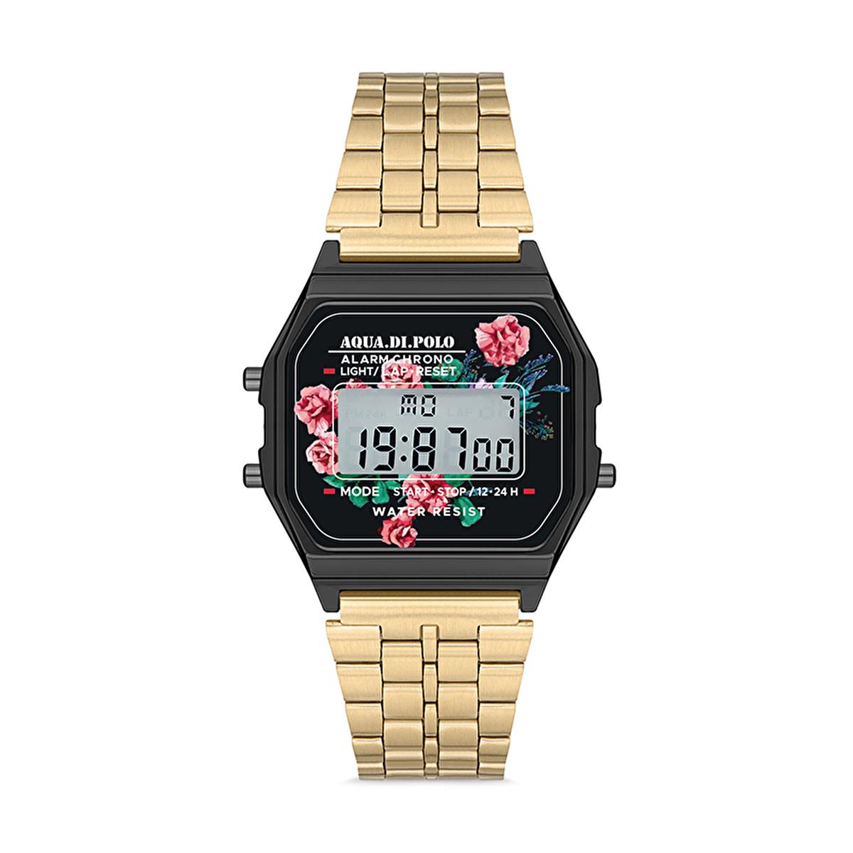 Aqua di Polo 1987 Gold Retro Floral Digital Watch - Unisex Vintage Style with Alarm & Stopwatch - Stylish Timepiece