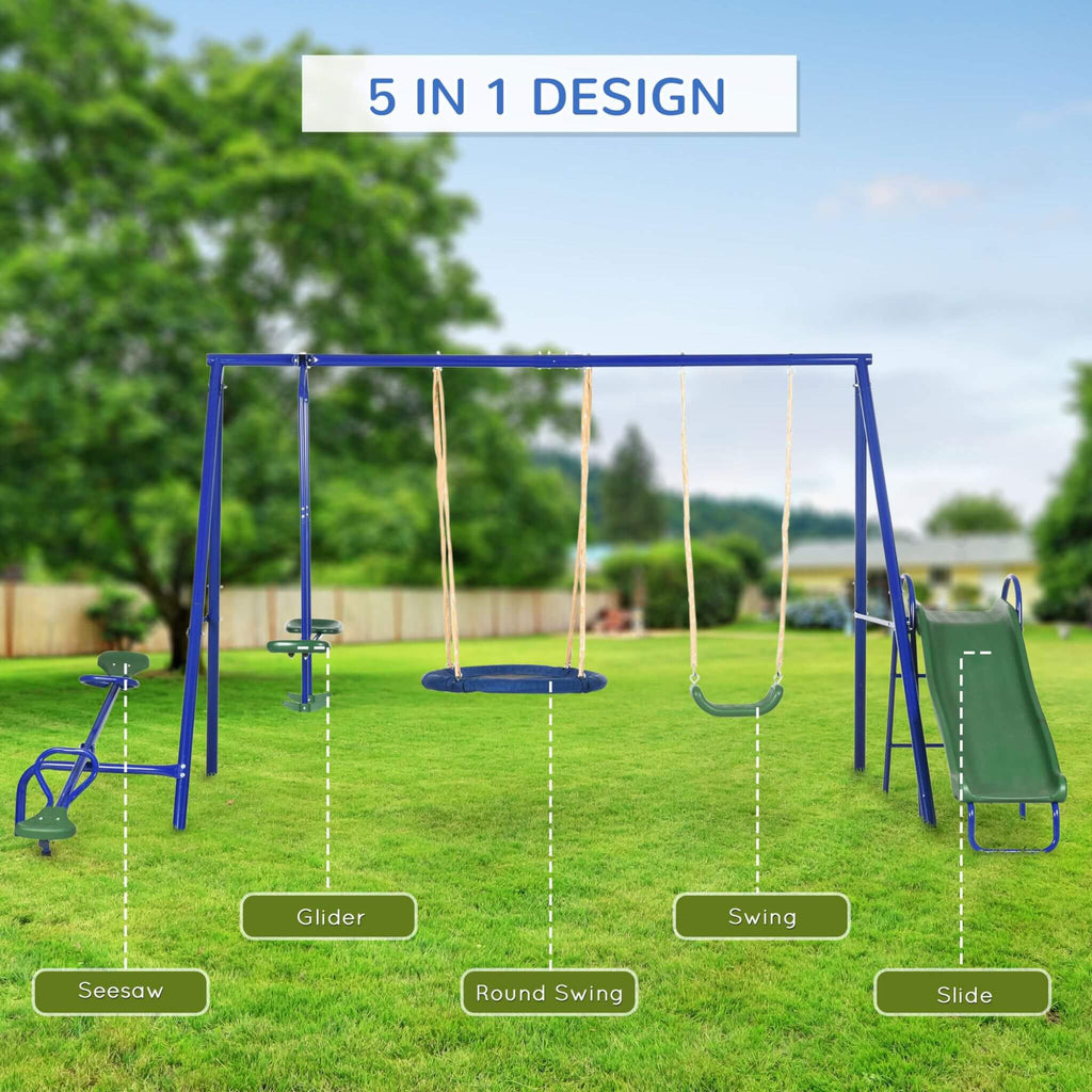 5-In-1 Heavy-Duty Outdoor A-Frame Swing Set With Saucer, Swing, Slide, Seesaw, Glider, And Swing Seat (SAK61472) – SAKSBY WHO