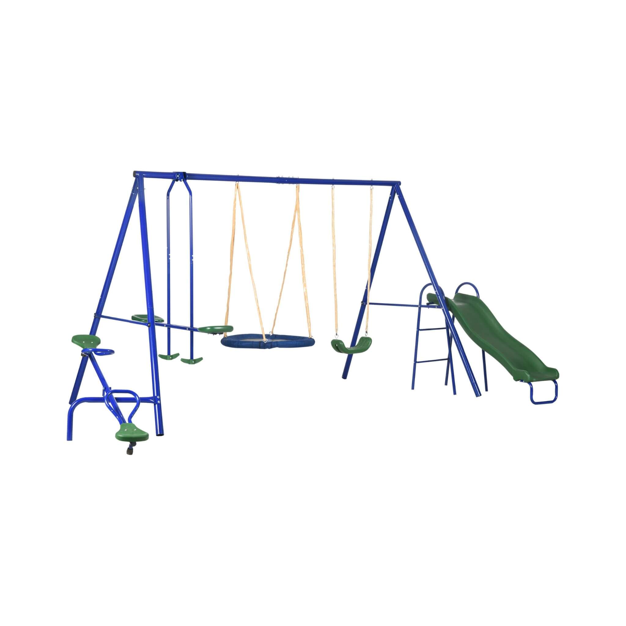 5-In-1 Heavy-Duty Outdoor A-Frame Swing Set With Saucer, Swing, Slide, Seesaw, Glider, And Swing Seat (SAK61472) – SAKSBY WHO