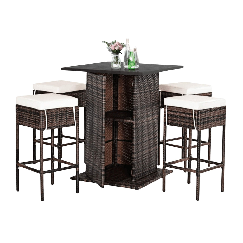 Alora 5-Piece Patio Rattan Bar Table Stool Set With Hidden Storage Shelf & Cushions (SAK14645) – SAKSBY WHOLESALE, view 3