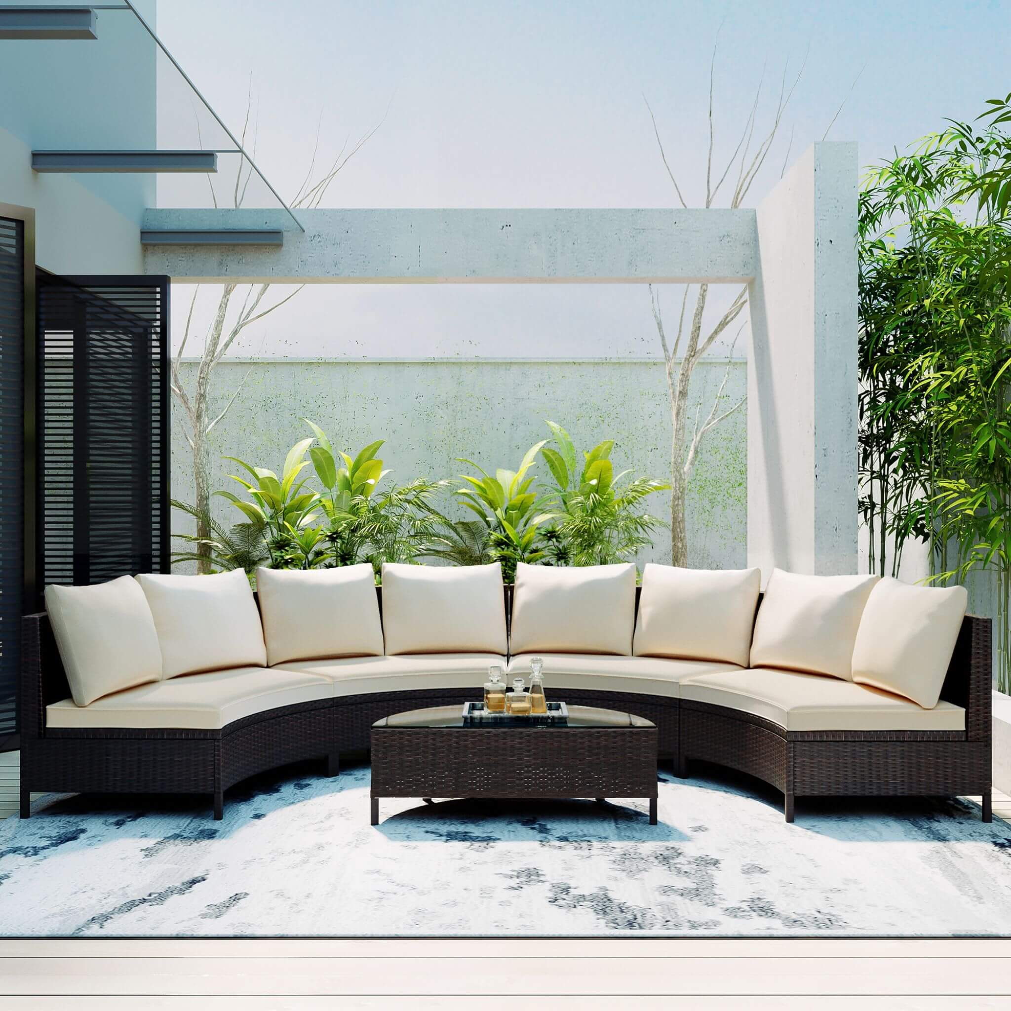 Alora Premium 5-Piece All-Weather Half-Moon Outdoor Rattan Wicker Patio Sectional Sofa Furniture Set With Tempered Glass Tabl