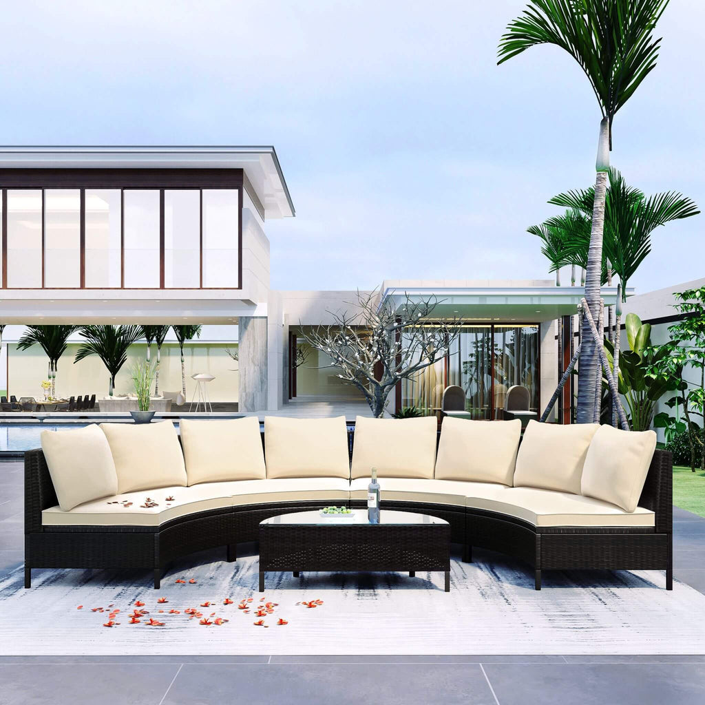 Alora Premium 5-Piece All-Weather Half-Moon Outdoor Rattan Wicker Patio Sectional Sofa Furniture Set With Tempered Glass Tabl