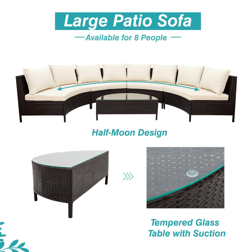 Alora Premium 5-Piece All-Weather Half-Moon Outdoor Rattan Wicker Patio Sectional Sofa Furniture Set With Tempered Glass Tabl