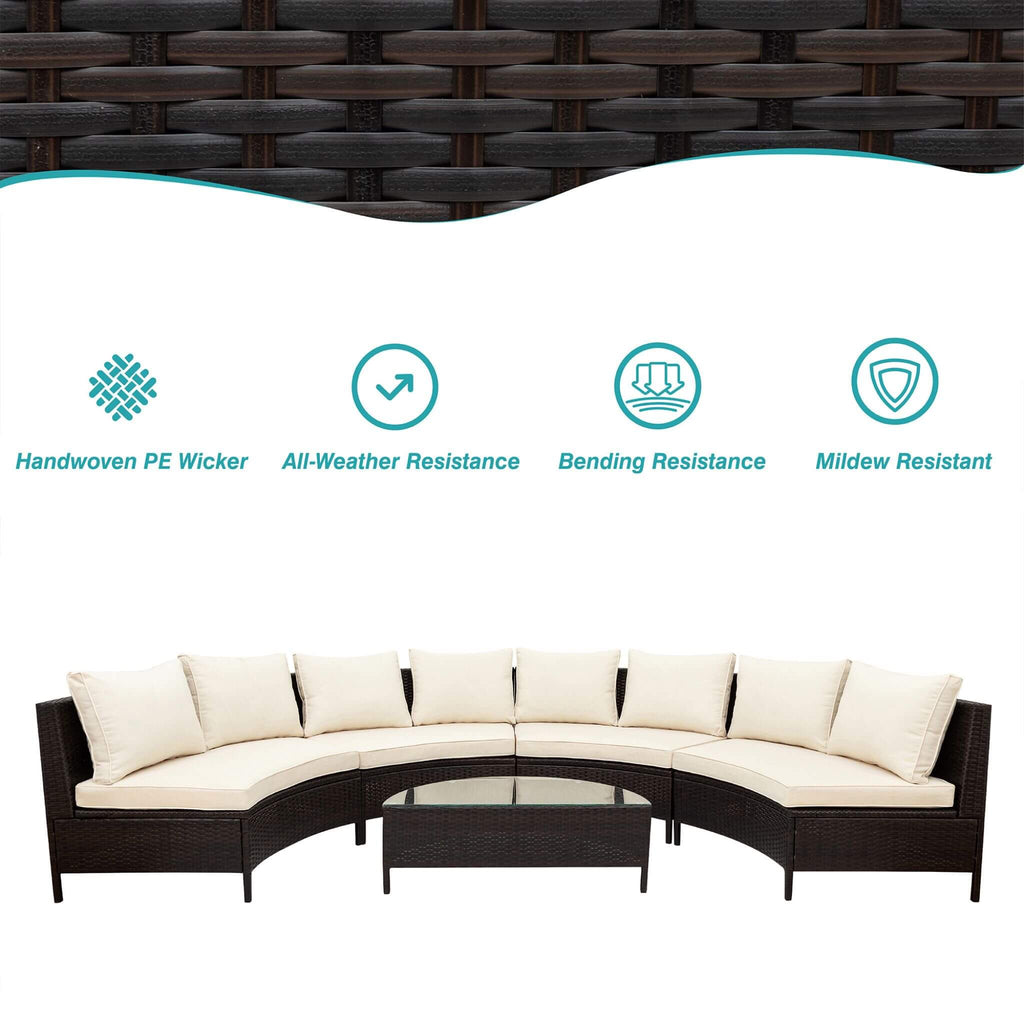Alora Premium 5-Piece All-Weather Half-Moon Outdoor Rattan Wicker Patio Sectional Sofa Furniture Set With Tempered Glass Tabl