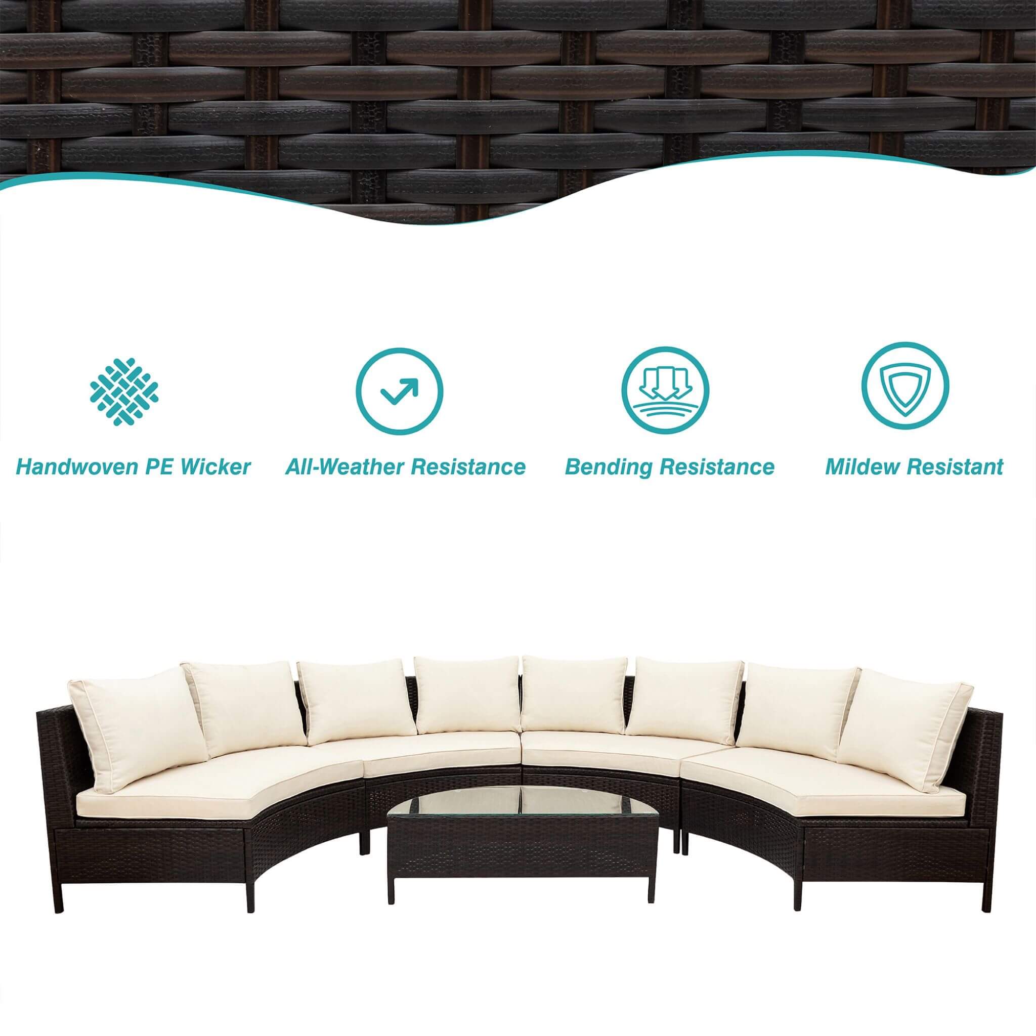 Alora Premium 5-Piece All-Weather Half-Moon Outdoor Rattan Wicker Patio Sectional Sofa Furniture Set With Tempered Glass Tabl