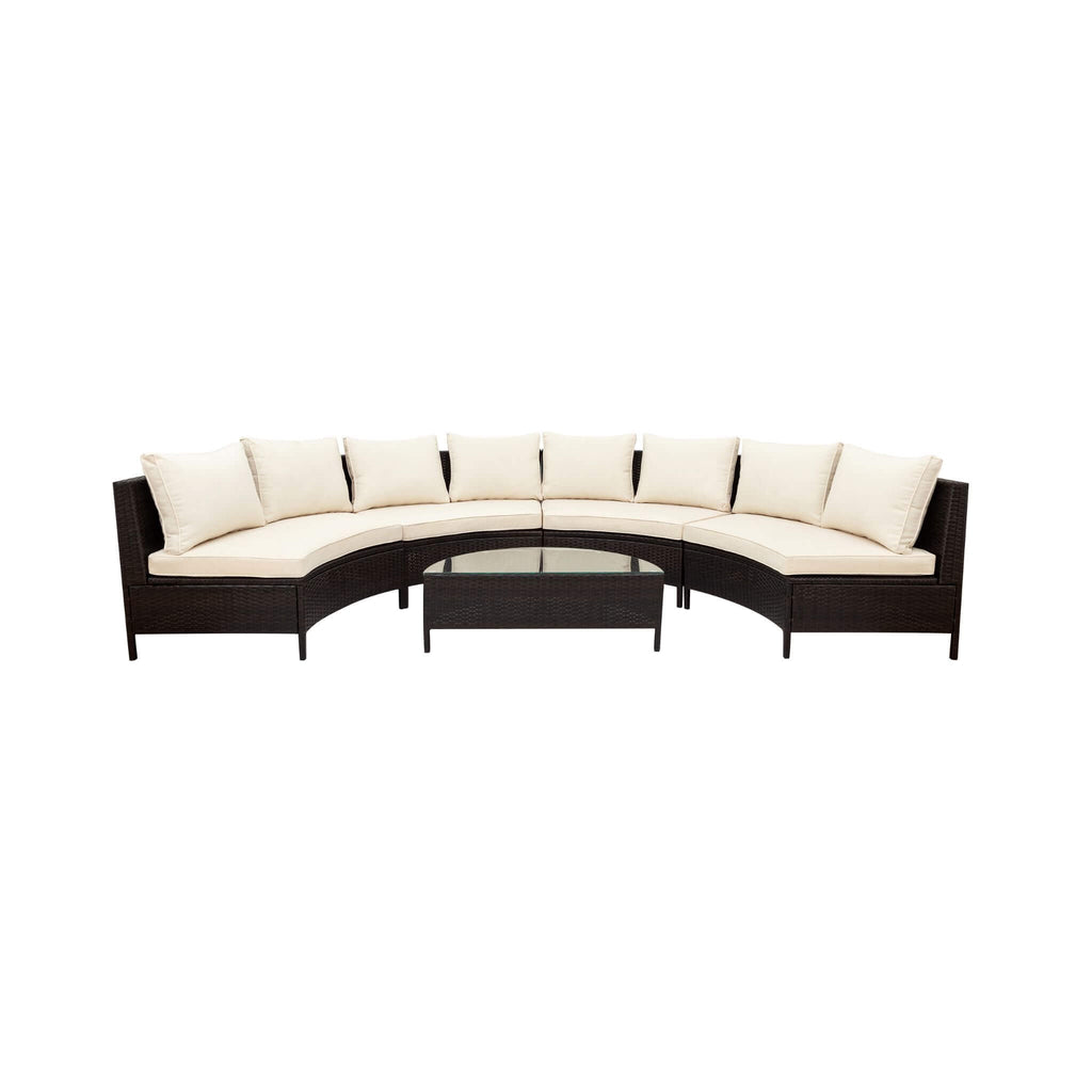 Alora Premium 5-Piece All-Weather Half-Moon Outdoor Rattan Wicker Patio Sectional Sofa Furniture Set With Tempered Glass Tabl