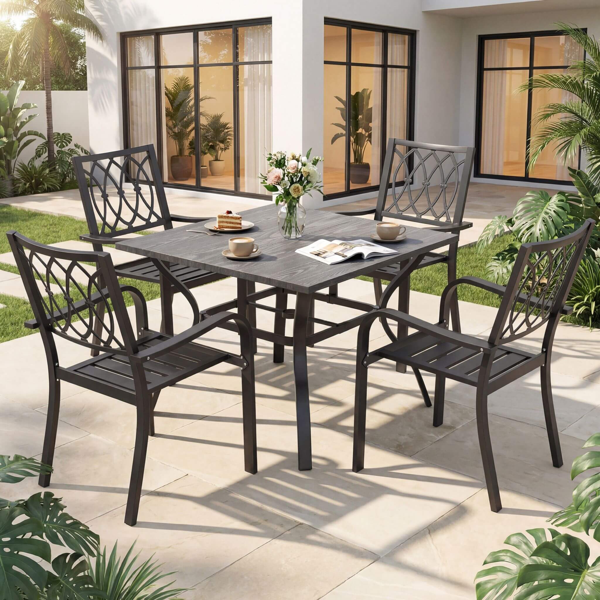 Alora 5-Piece Outdoor Dining Set With 4 Heavy-Duty Chairs And Square Table With Umbrella Hole [UMBRELLA NOT INCLUDED] (SAK935