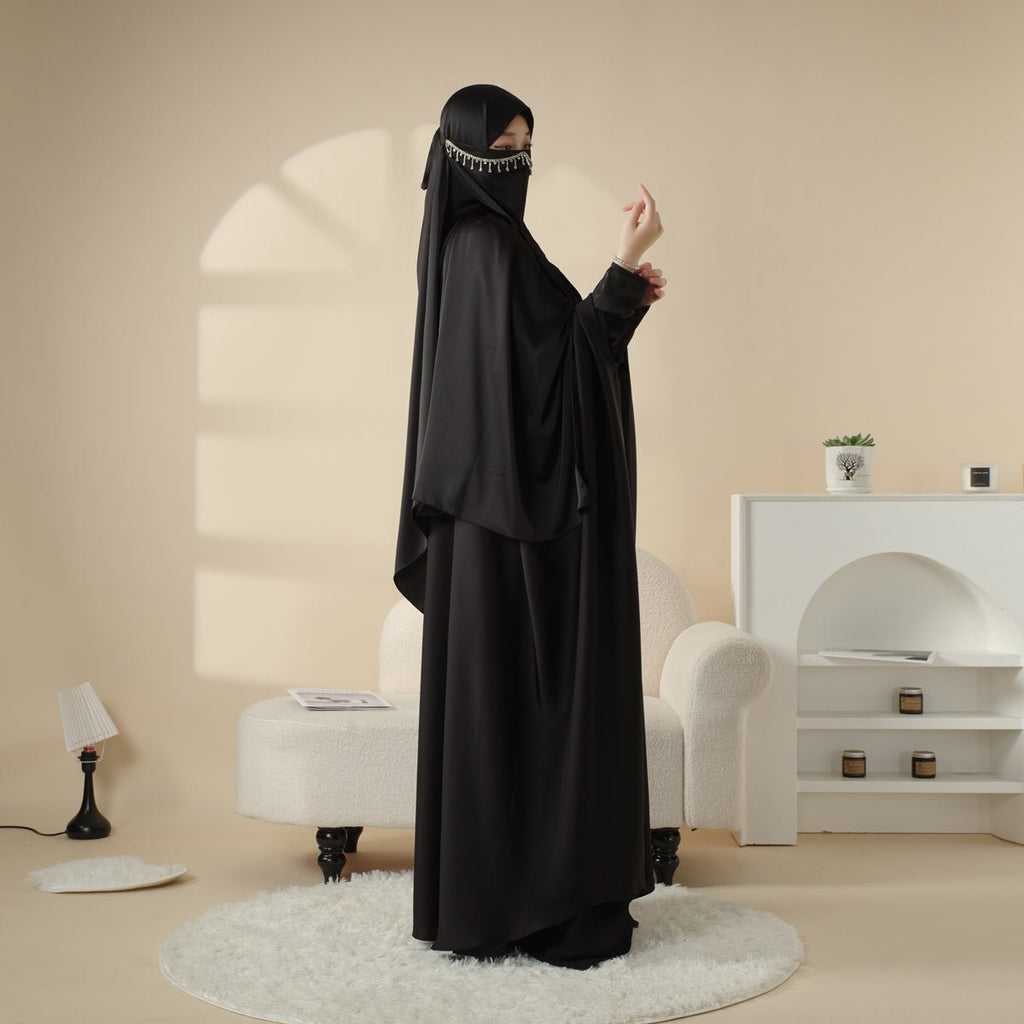 Mariam's Collection 5-Piece Set Butterfly Abaya With Niqab, Loose Full Cover Satin Abaya (MOA019) — side view