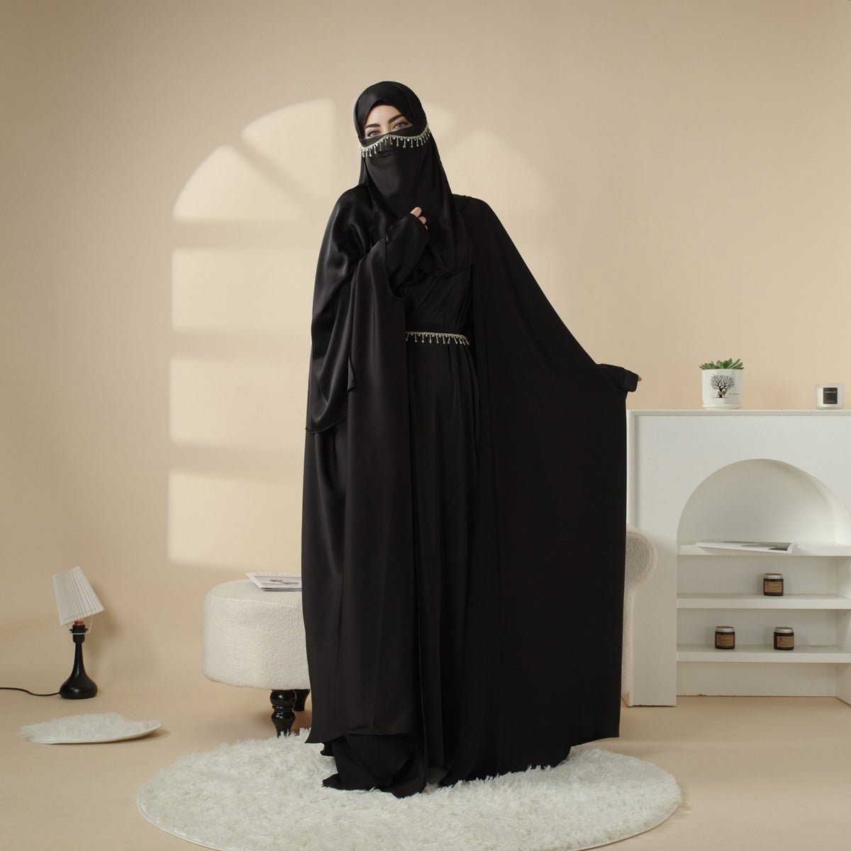 Mariam's Collection 5-Piece Set Butterfly Abaya With Niqab, Loose Full Cover Satin Abaya (MOA019) — lifestyle context