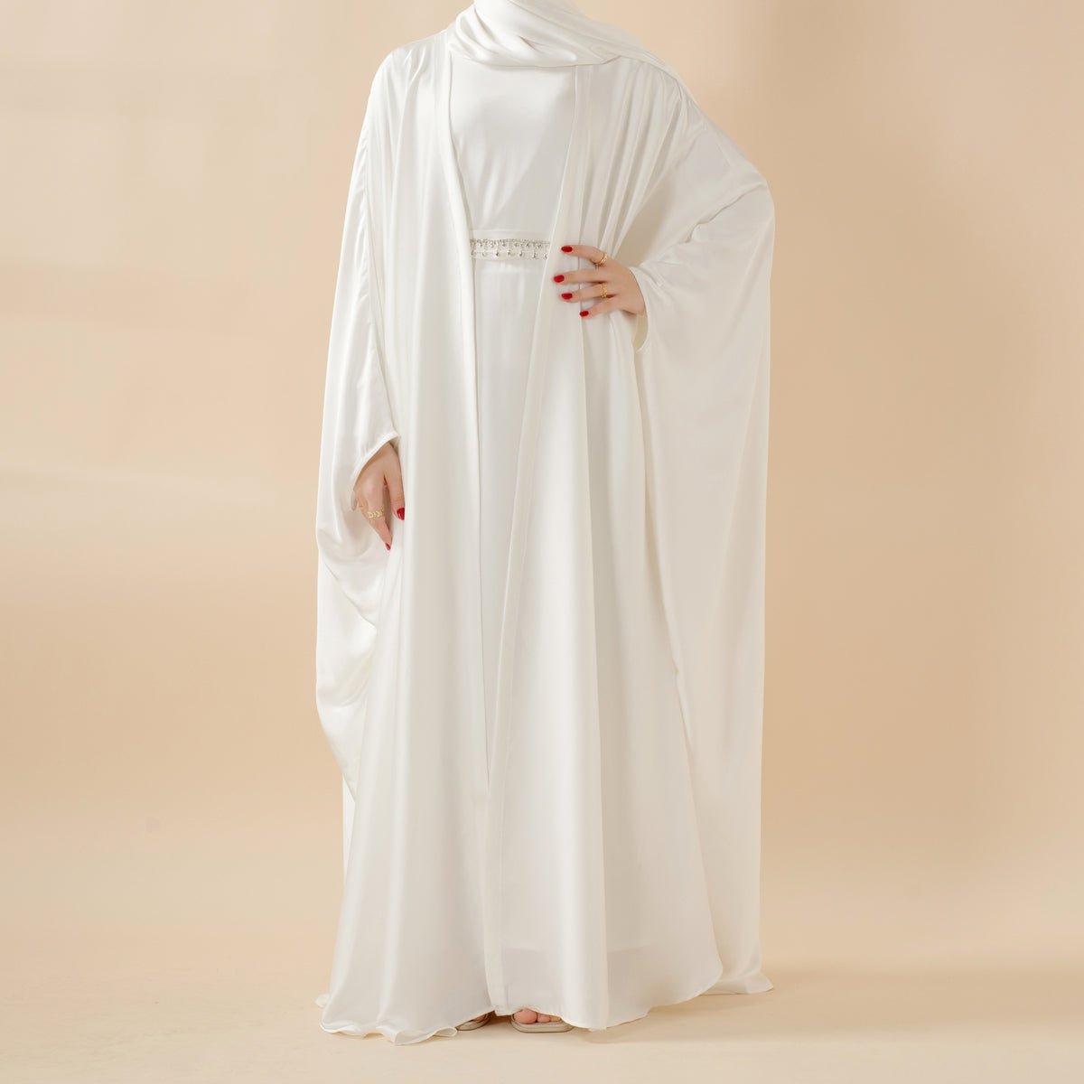 Mariam's Collection 5-Piece Set Butterfly Abaya With Niqab, Loose Full Cover Satin Abaya (MOA019) — Mariam's Collection branding close-up
