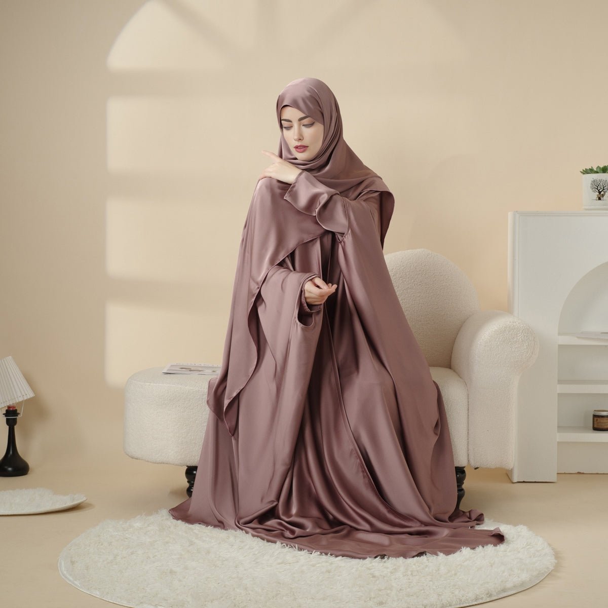 Mariam's Collection 5-Piece Set Butterfly Abaya With Niqab, Loose Full Cover Satin Abaya (MOA019) — product on model