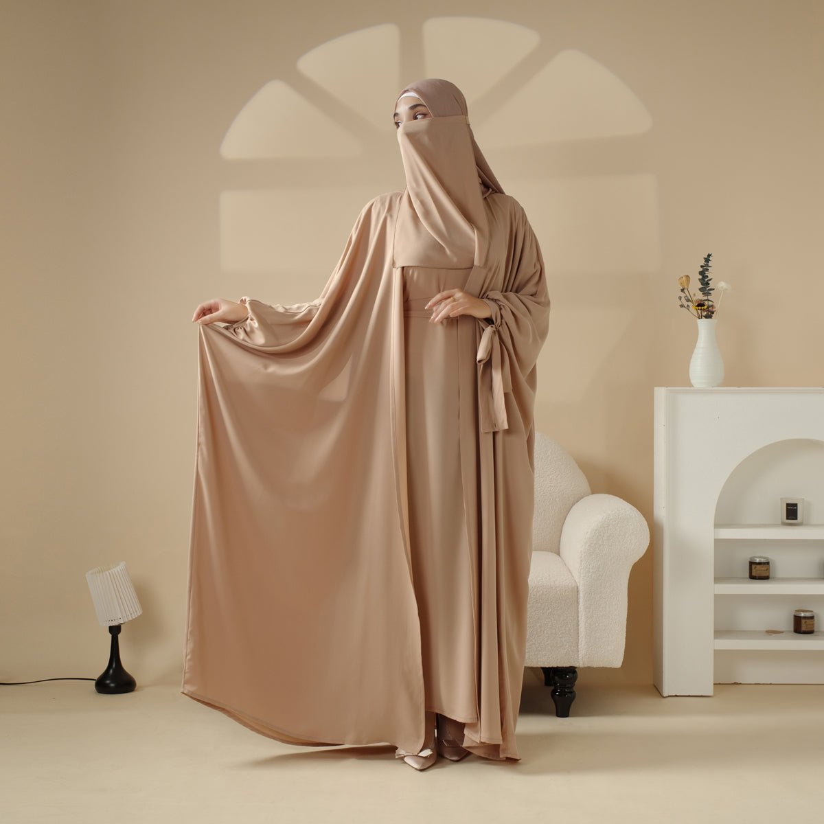 Mariam's Collection 5-Piece Set Farasha Abaya, Premium Farasha Textured Open Abaya (MOA095) — flat-lay composition