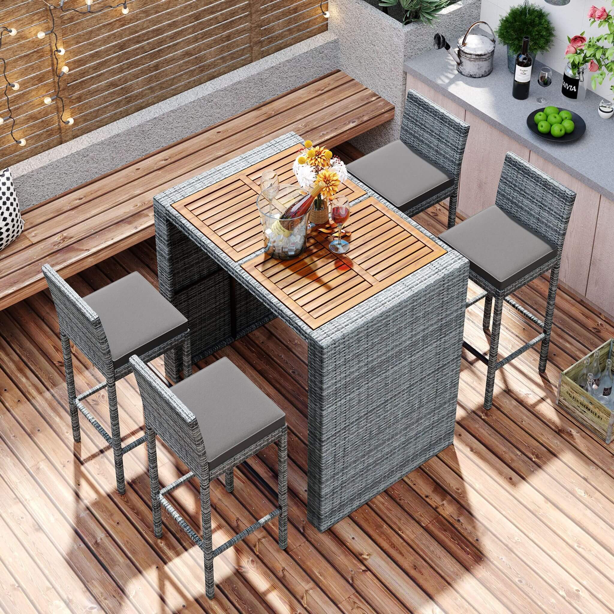 Alora 5-Piece Wicker Patio Bar Set With Cushions & Acacia Table (SAK26801) – SAKSBY WHOLESALE, view 5