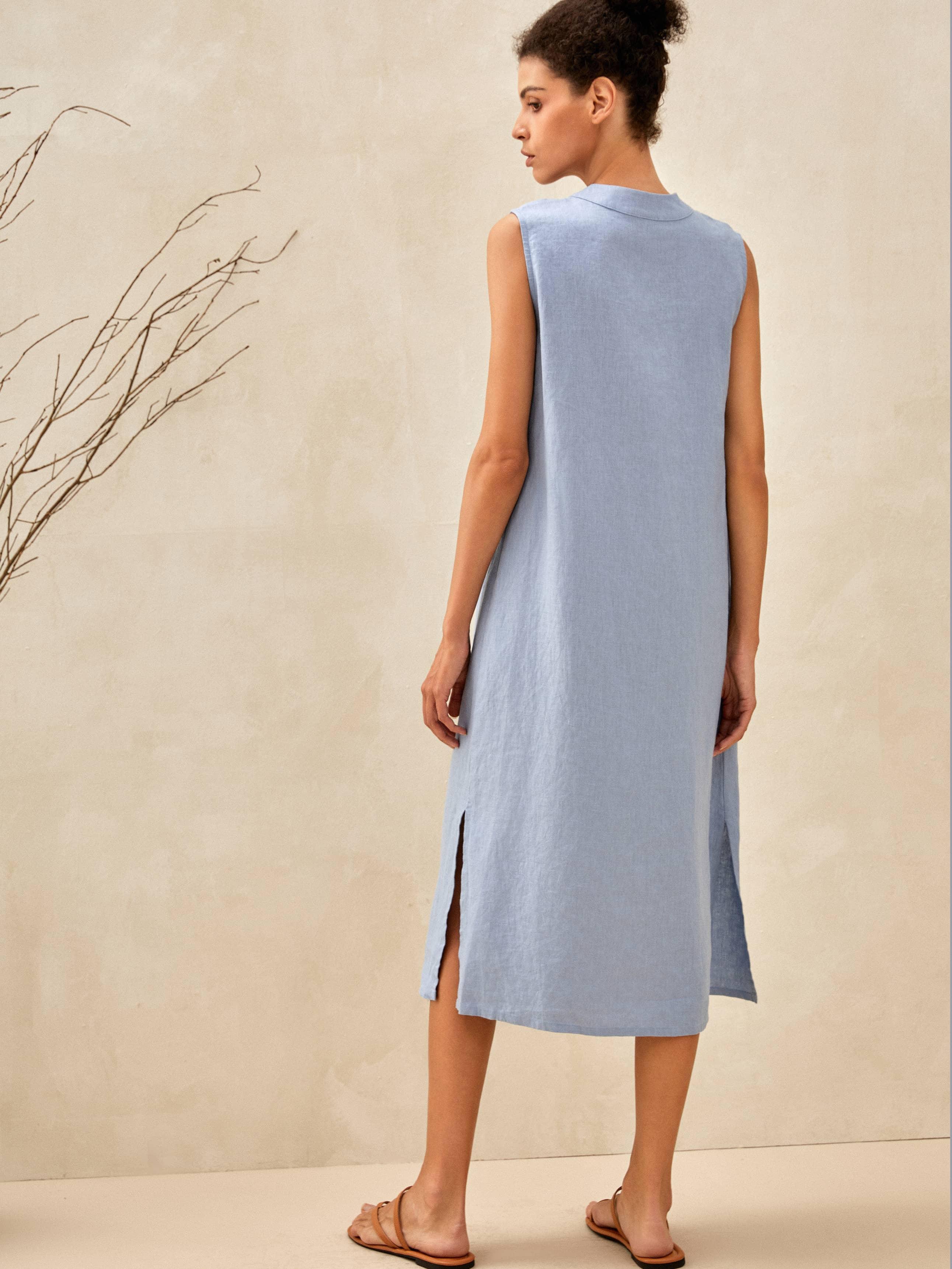 LINTICO 100% Linen Sleeveless Straight High Slit Maxi Dress TAYLOR — lifestyle worn / used context