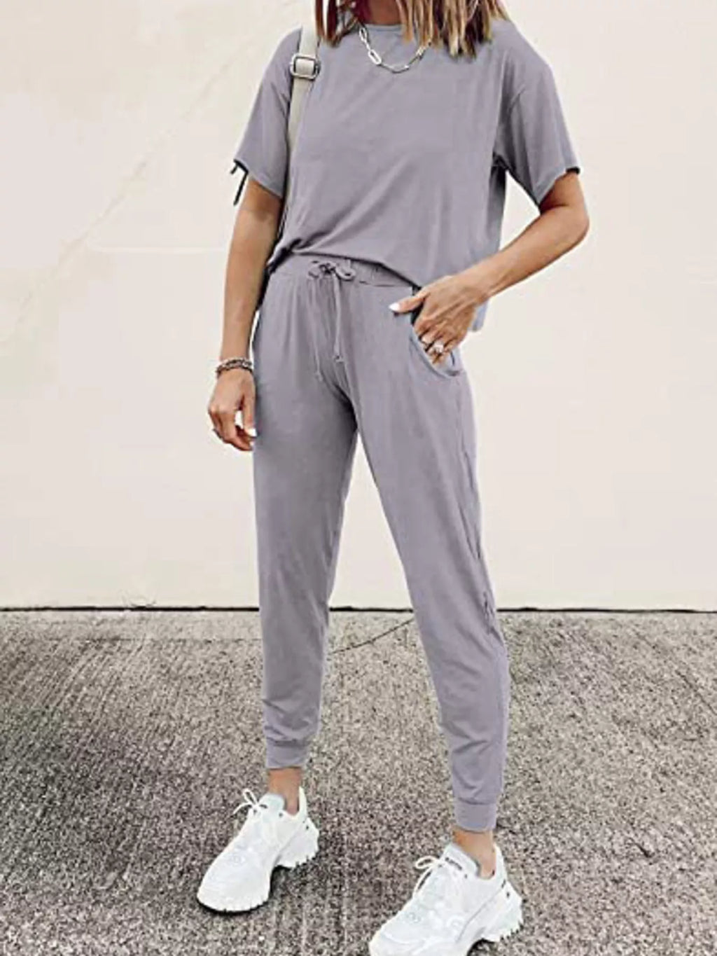Full Size Round Neck Top and Drawstring Pants Set Plus Size