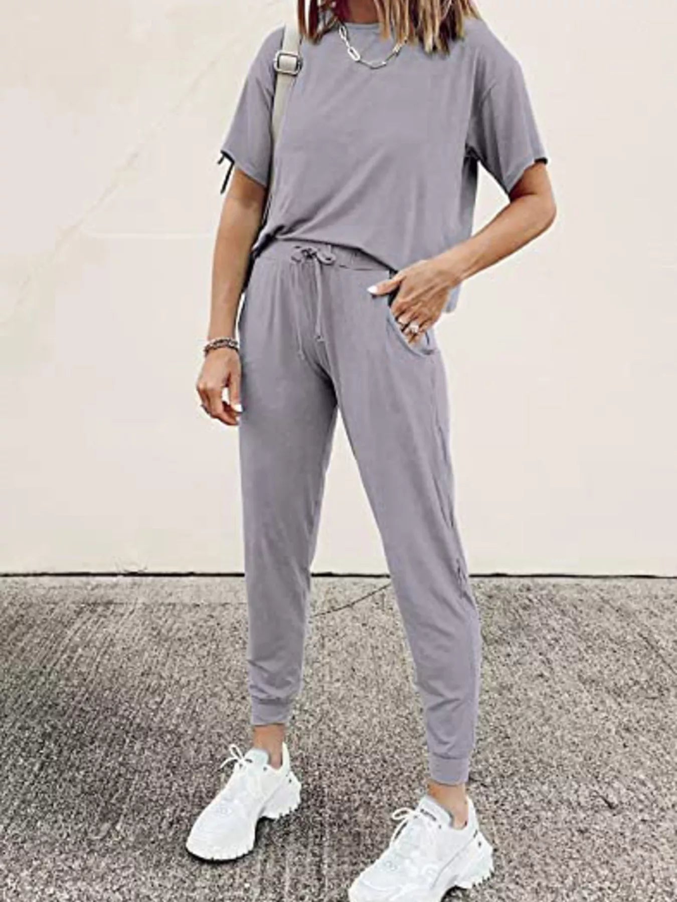 Full Size Round Neck Top and Drawstring Pants Set Plus Size