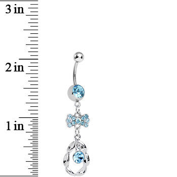 BodyCandy Aqua CZ Drop in a Drop and Sparkling Bow Dangle Belly Ring — detail close-up