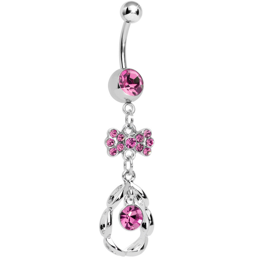 BodyCandy Pink CZ Drop in a Drop and Sparkling Bow Dangle Belly Ring — main product shot