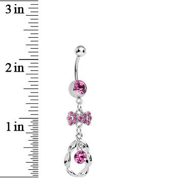 BodyCandy Pink CZ Drop in a Drop and Sparkling Bow Dangle Belly Ring — detail close-up