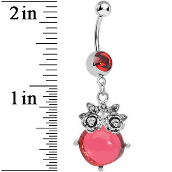 BodyCandy Red Gem Luminous Orb Victorian Roses Dangle Belly Ring — detail close-up