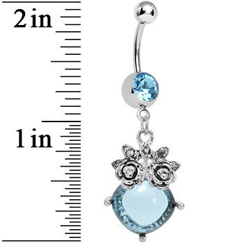 BodyCandy Aqua Gem Luminous Orb Victorian Roses Dangle Belly Ring — detail close-up