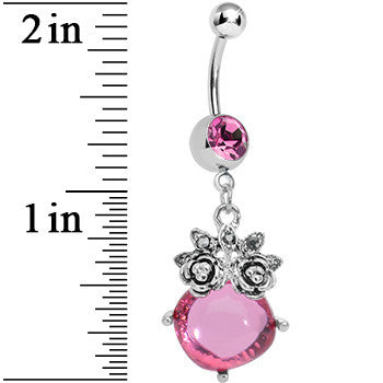 BodyCandy Pink Gem Luminous Orb Victorian Roses Dangle Belly Ring — detail close-up