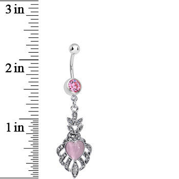 BodyCandy Pink Gem Royal Pink Heart Dangle Belly Ring — detail close-up