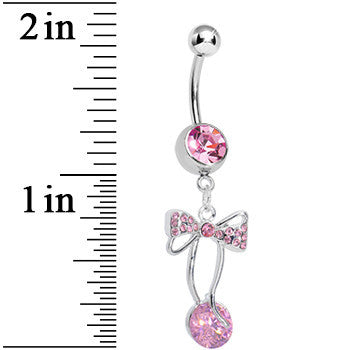 BodyCandy Pink Cubic Zirconia Drop Sweetness Wrapped in a Bow Dangle Belly Ring — detail close-up