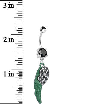 BodyCandy Black Paved Gem On the Green Wing of an Angel Dangle Belly Ring — detail close-up