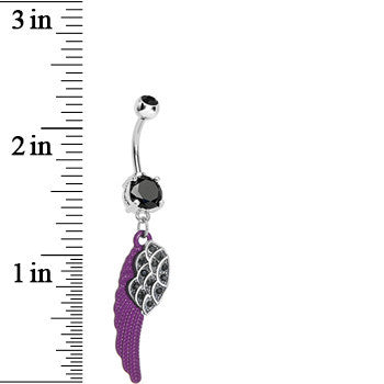 BodyCandy Black Paved Gem On the Purple Wing of an Angel Dangle Belly Ring — detail close-up