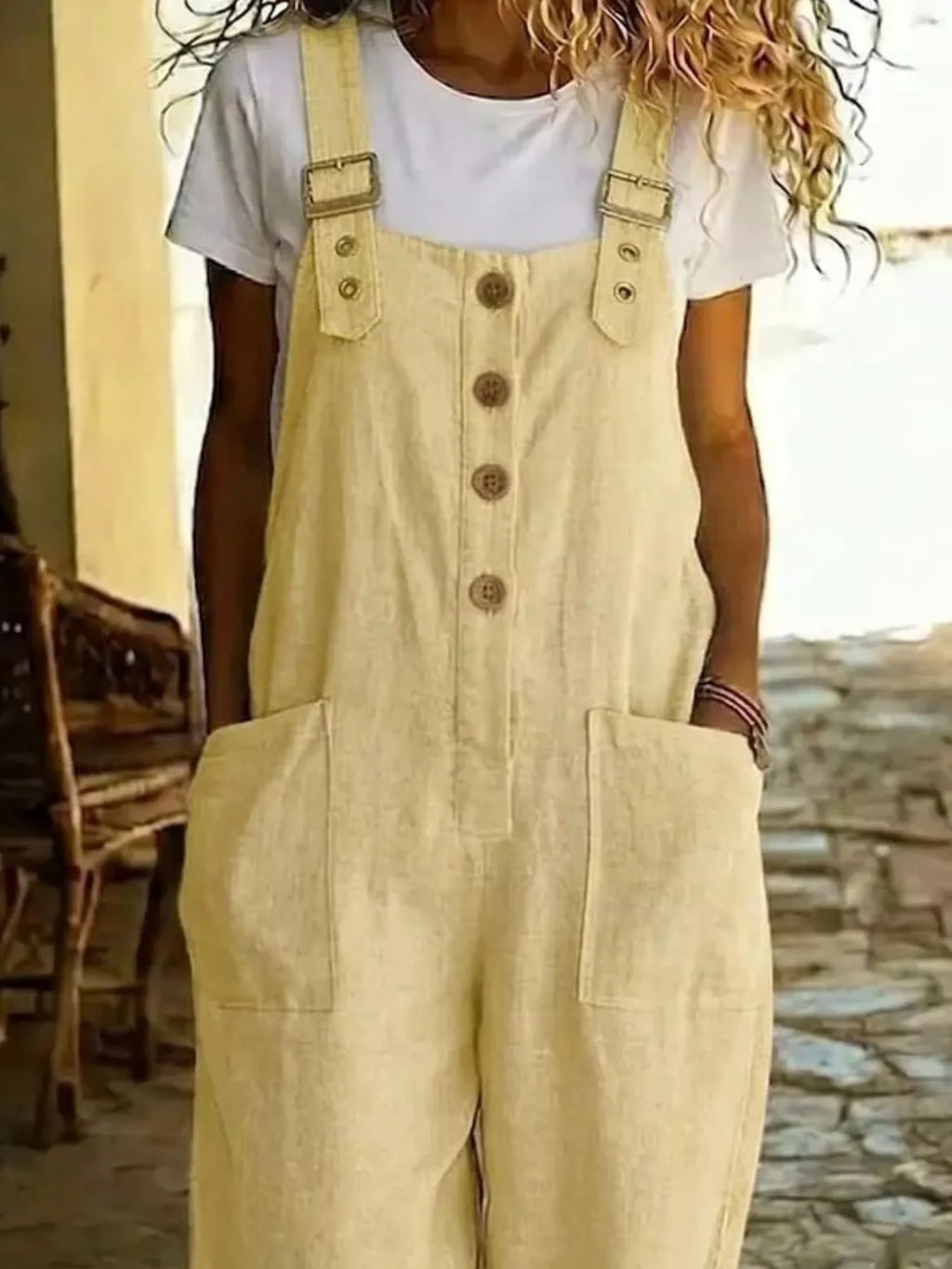 Casual Button Front Wide Leg Overalls