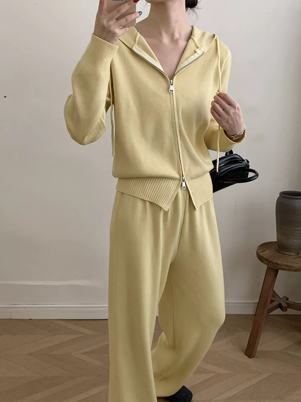 Zip Up Cardigan and Drawstring Wide Leg Pants Knit Set
