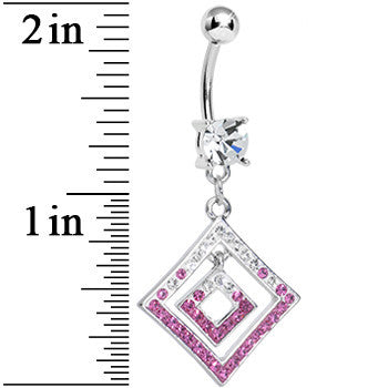 BodyCandy Clear Gem Double Clear and Pink Paved Diamond Dangle Belly Ring — detail close-up
