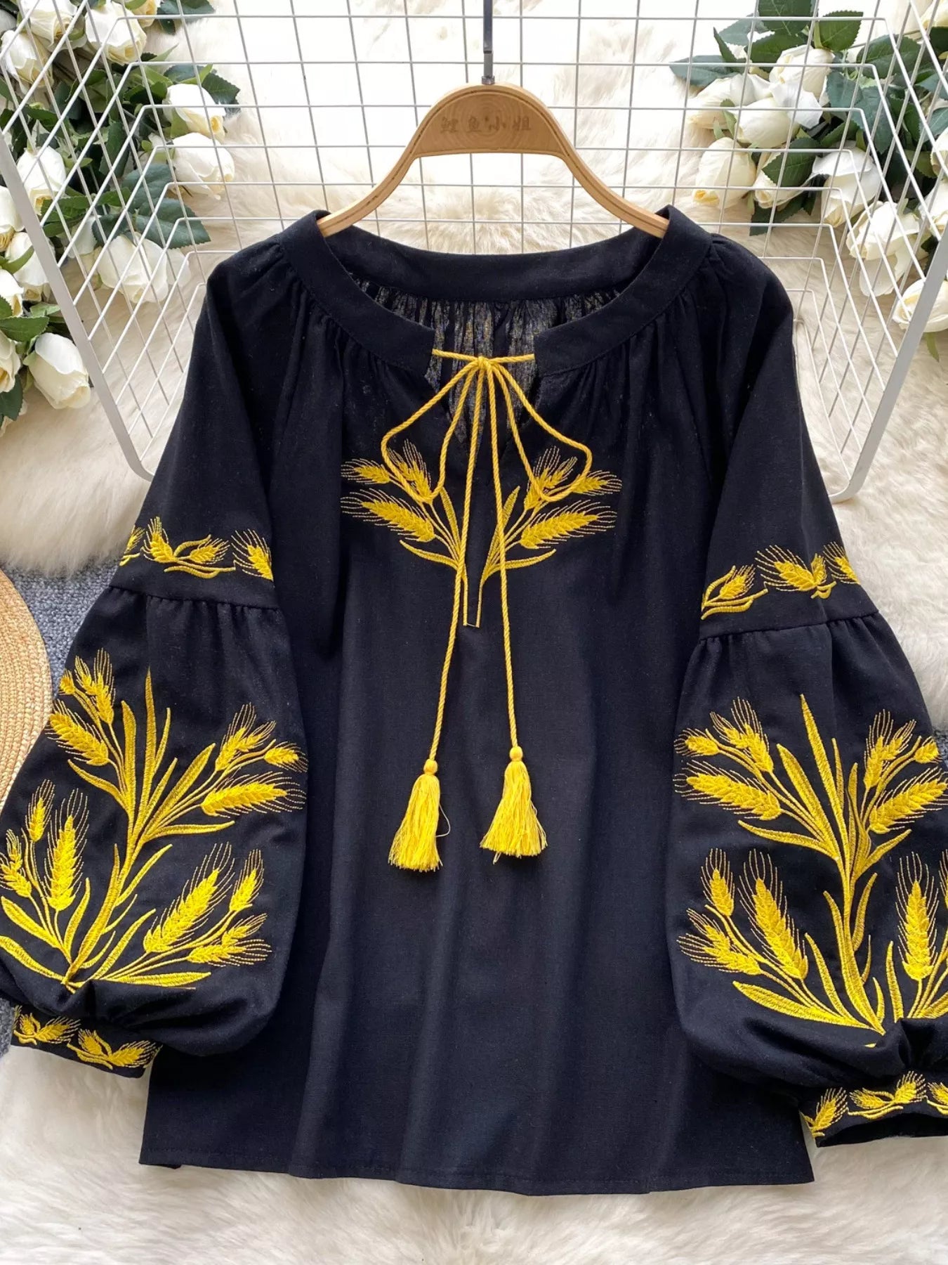 Embroidered Wheat Pattern Tie Neck Blouse