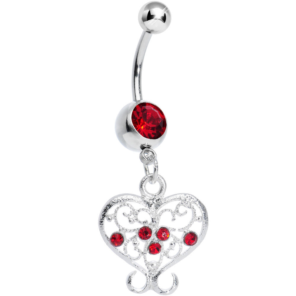 BodyCandy Red Gem Opulent Scrolled Heart Dangle Belly Ring — main product shot